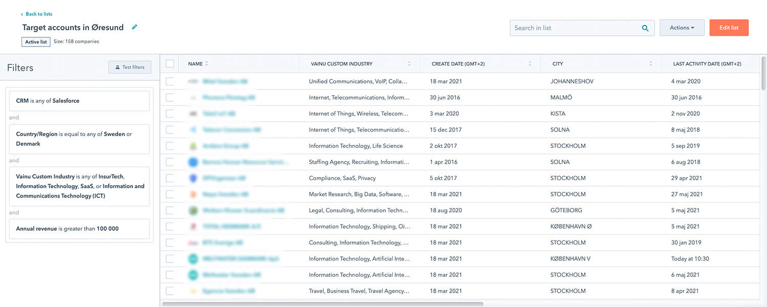 Segmentation in HubSpot with Vainu data